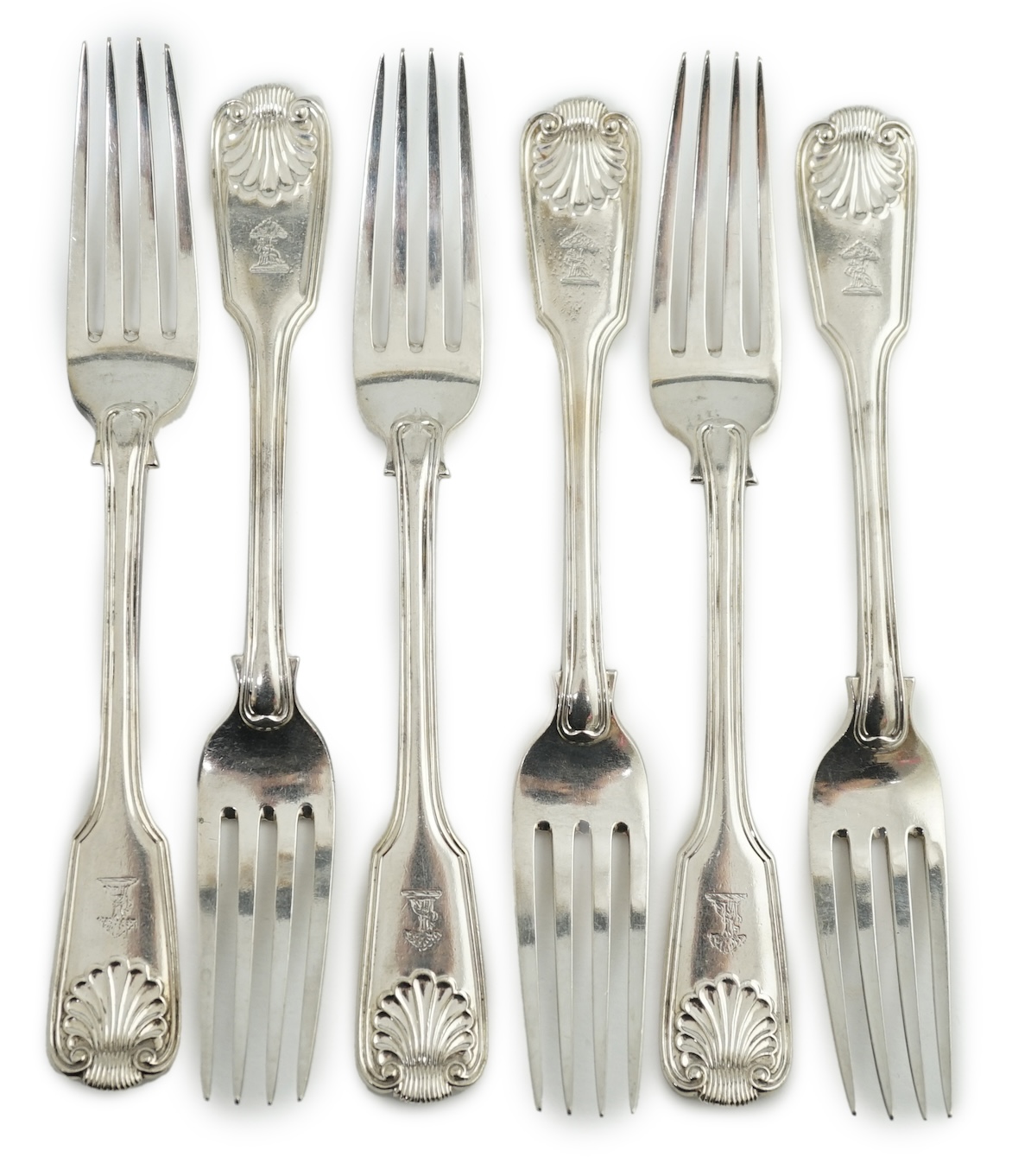 A set of six Victorian silver fiddle, thread and shell pattern table forks, by Henry John Lias and James Wakely